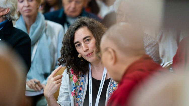 Jennifer Knox of Emory University talking about her work with Social Emotional and Ethical Learning (SEEL) during her presentation on the second day of the 33rd Mind & Life Conference at the Main Tibetan Temple in Dharamsala, HP, India on March 13, 2018. Photo by Tenzin Choejor