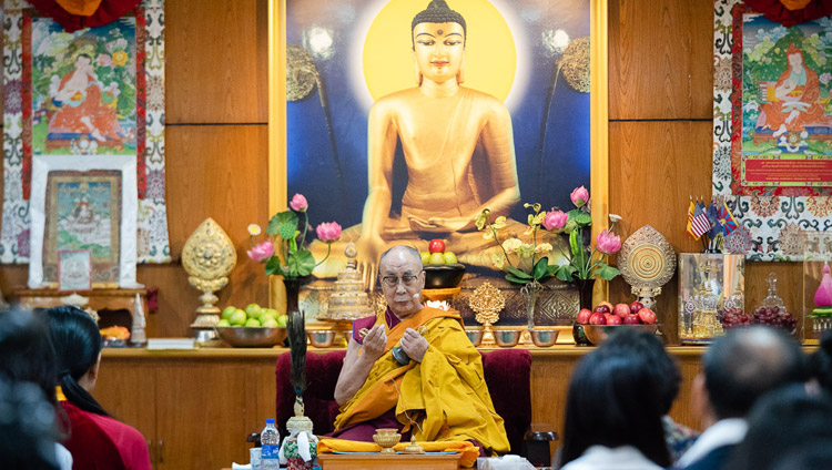 His Holiness the Dalai Lama undertaking the preparatory ritual for a White Manjushri Permission at the start of the second day of his meeting with groups from Vietnam at his residence in Dharamsala, HP, India on May 22, 2018. Photo by Tenzin Choejor