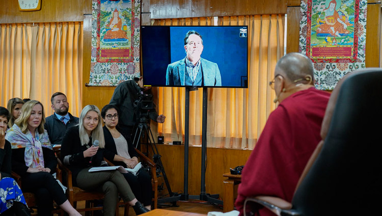 A member of the audience at Seattle University in Washington State asking His Holiness the Dalai Lama a question through video link during their program at his residence in Dharamsala, HP, India on November 11, 2019. Photo by Ven Tenzin Jamphel