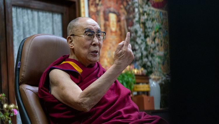 His Holiness the Dalai Lama responding to questions from the virtual audience during his discussion with members of the Einstein Forum by video link from his residence in Dharamsala, HP, India on November 25, 2020. Photo by Ven Tenzin Jamphel