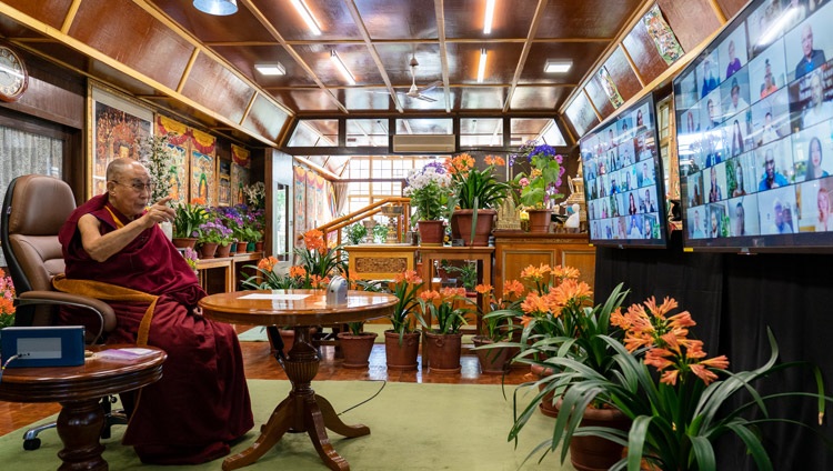 His Holiness the Dalai Lama answering questions from guests of the French ‘Be the Love’ programme and the Canadian ‘One Better World Collective’ online from his residence in Dharamsala, HP, India on April 12, 2021. Photo by Ven Tenzin Jamphel