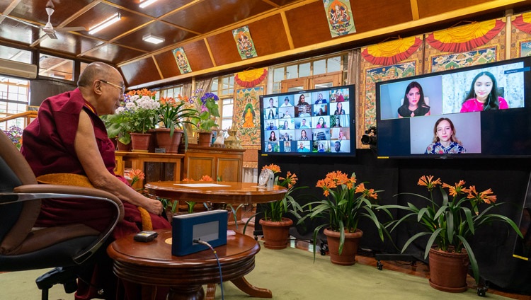 Members of the Young Activist Group introducing themselves to His Holiness the Dalai Lama during their interaction online from his residence in Dharamsala, HP, India on April 12, 2021. Photo by Ven Tenzin Jamphel