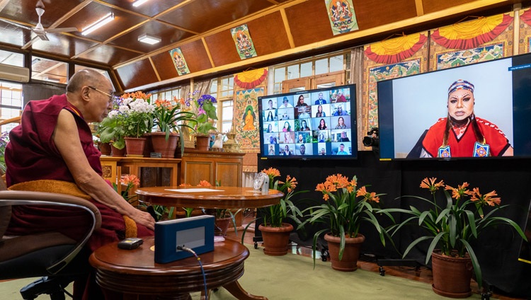 Massey Whiteknife, a member of the Mikisew Cree First Nation, asking His Holiness the Dalai Lama a question during the discussion online from his residence in Dharamsala, HP, India on April 12, 2021. Photo by Ven Tenzin Jamphel