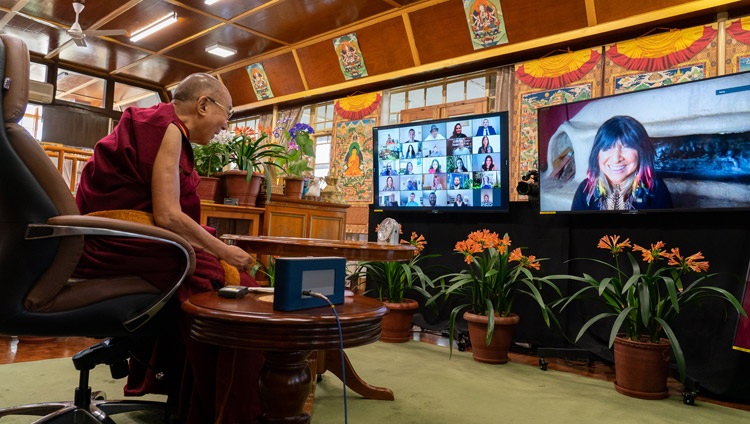 His Holiness the Dalai Lama answering a question from Veteran singer and pacifist Buffy Sainte-Marie online from his residence in Dharamsala, HP, India on April 12, 2021. Photo by Ven Tenzin Jamphel