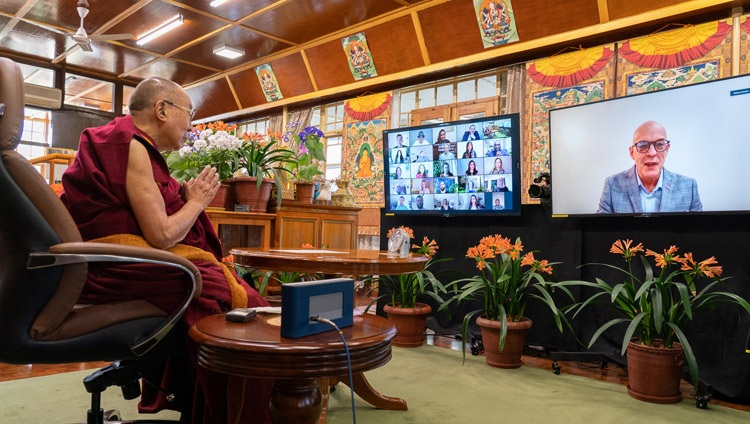 Ian Speirs of the One Better World Collective introducing the question and answer session with groups from among the guests of the French ‘Be the Love’ programme and the Canadian ‘One Better World Collective’ online from His Holiness the Dalai Lama's residence in Dharamsala, HP, India on April 12, 2021. Photo by Ven Tenzin Jamphel