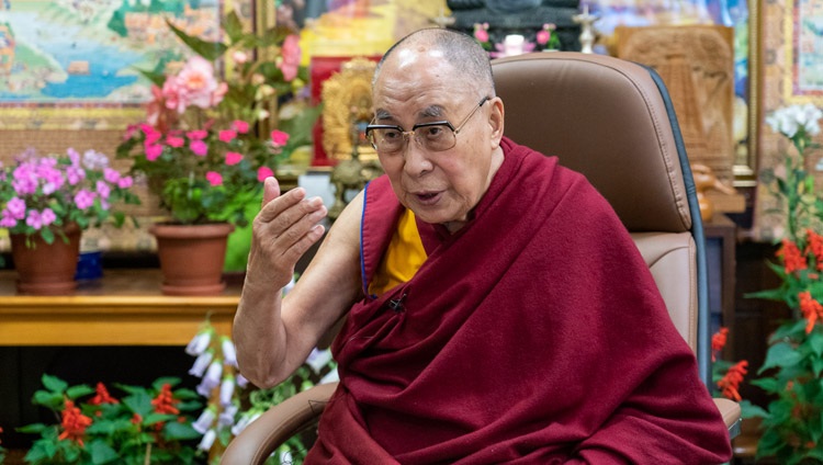 His Holiness the Dalai Lama speaking during his conversation on ‘Creating a Happier World’ online from his residence in Dharamsala, HP, India on July 28, 2021. Photo by Ven Tenzin Jamphel