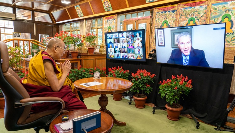 Dr Patrick Leahy, President of Monmouth University, New Jersey welcoming His Holiness the Dalai Lama on the start of their online conversation on about the interconnectedness of happiness, health, well-being, and the future of earth on September 22, 2021. Photo by Ven Tenzin Jamphel