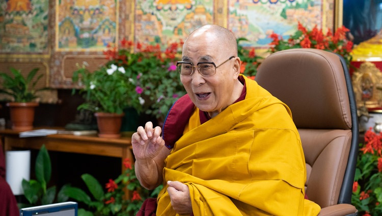 His Holiness the Dalai Lama enjoying a moment of laughter during his online conversation with students and faculty of Monmouth University at his residence in Dharamsala, HP, India on September 22, 2021. Photo by Ven Tenzin Jamphel