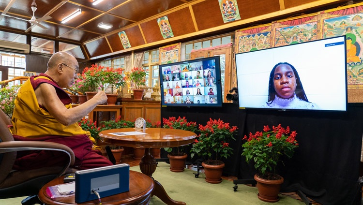 His Holiness the Dalai Lama answering a question form a member of the virtual audience of students and faculty of Monmouth University from his residence in Dharamsala, HP, India on September 22, 2021. Photo by Ven Tenzin Jamphel